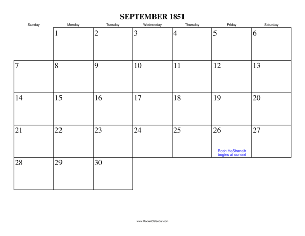 September 1851 Calendar