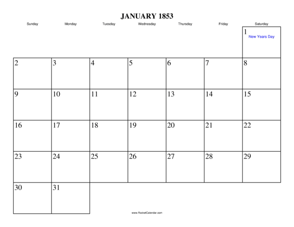January 1853 Calendar