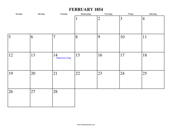 February 1854 Calendar