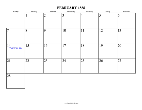 February 1858 Calendar