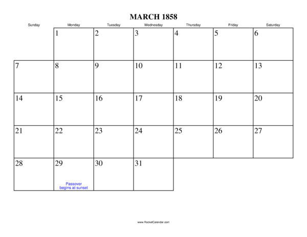 March 1858 Calendar