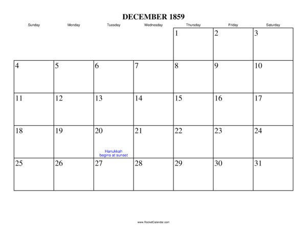 December 1859 Calendar