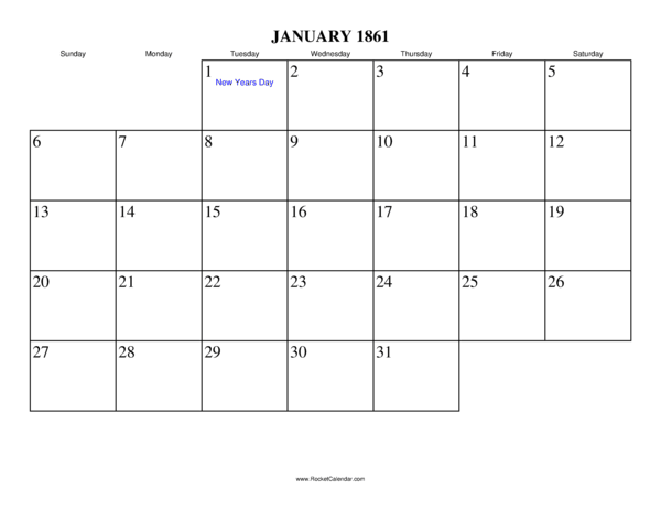 January 1861 Calendar