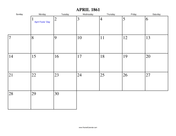 April 1861 Calendar