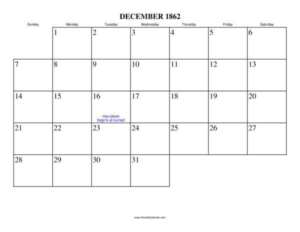 December 1862 Calendar