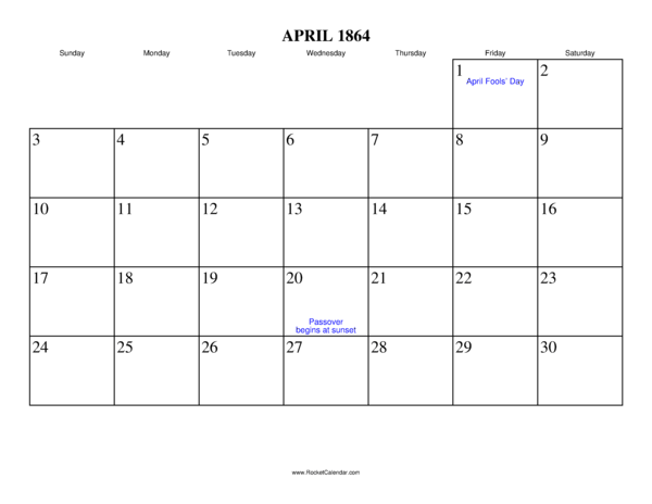 April 1864 Calendar