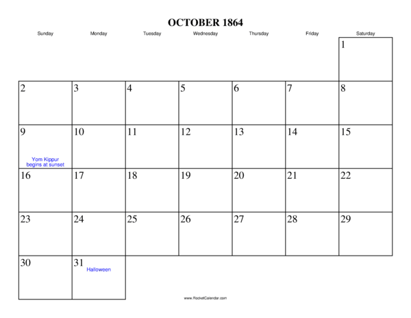 October 1864 Calendar