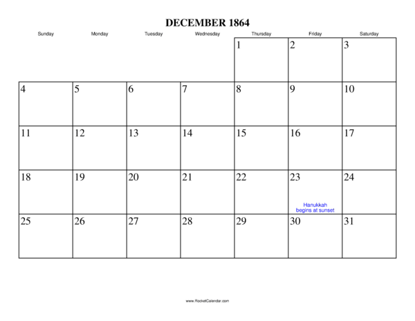 December 1864 Calendar
