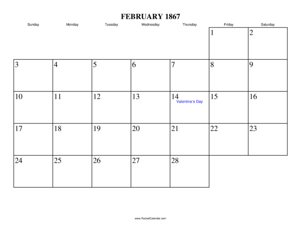 February 1867 Calendar