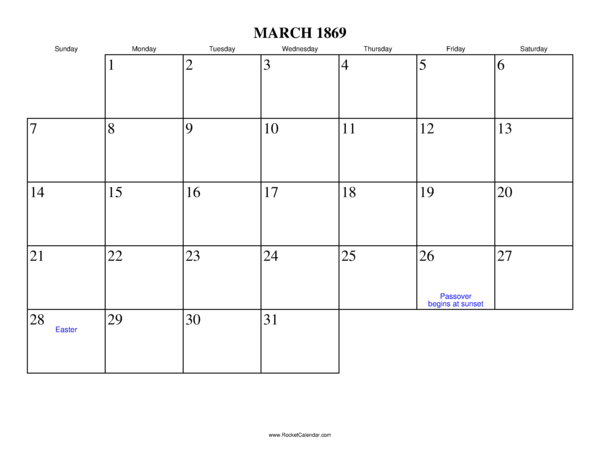 March 1869 Calendar