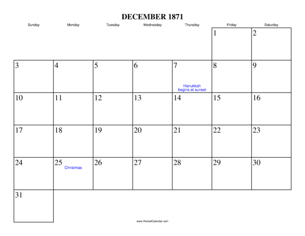 December 1871 Calendar