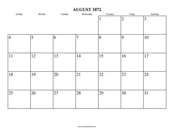 August 1872 Calendar