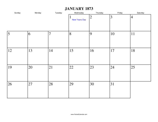 January 1873 Calendar