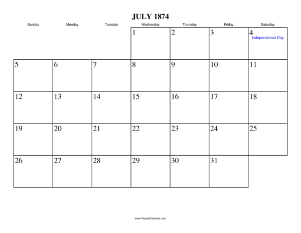 July 1874 Calendar