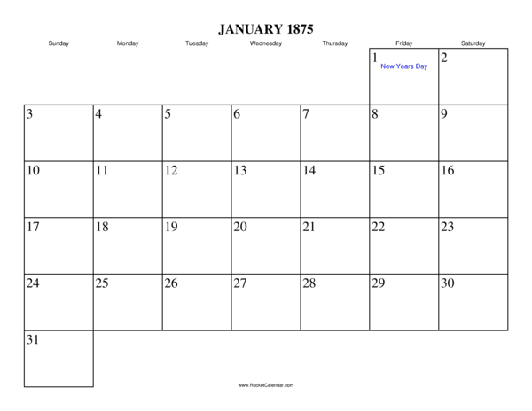January 1875 Calendar