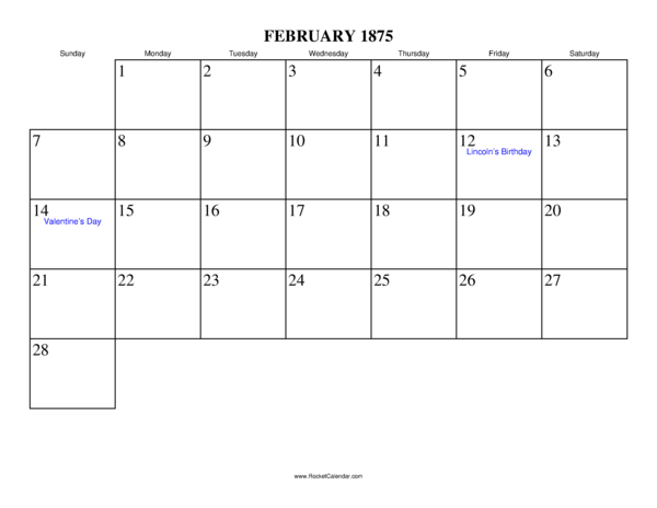 February 1875 Calendar