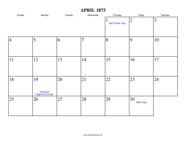 April 1875 Calendar