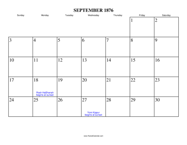 September 1876 Calendar