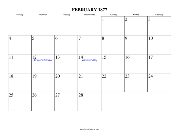 February 1877 Calendar