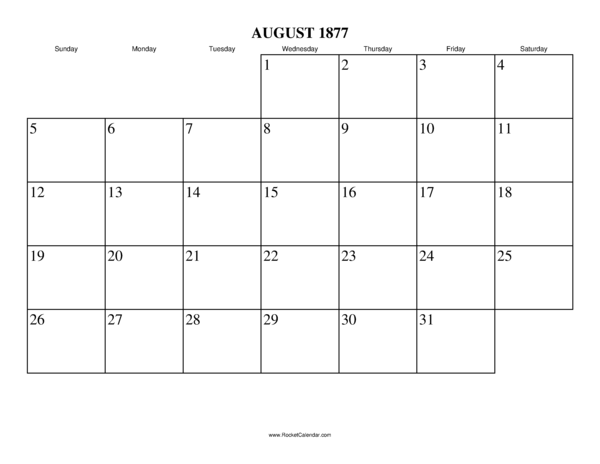 August 1877 Calendar