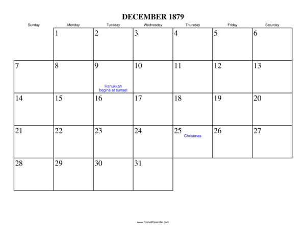 December 1879 Calendar