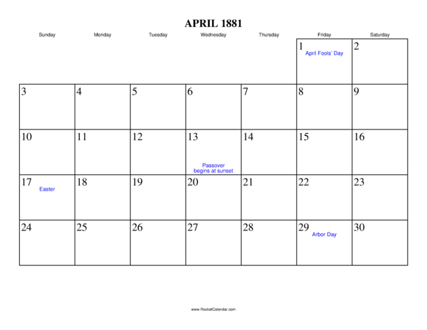 April 1881 Calendar