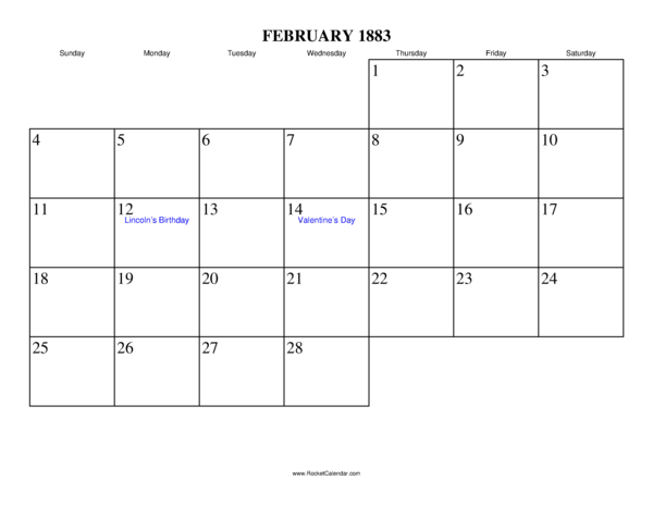 February 1883 Calendar