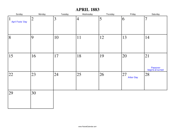 April 1883 Calendar