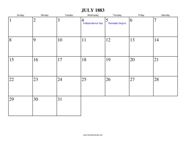 July 1883 Calendar