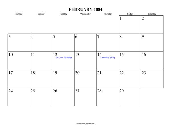 February 1884 Calendar