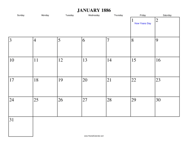 January 1886 Calendar