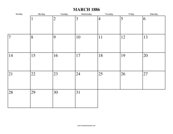 March 1886 Calendar