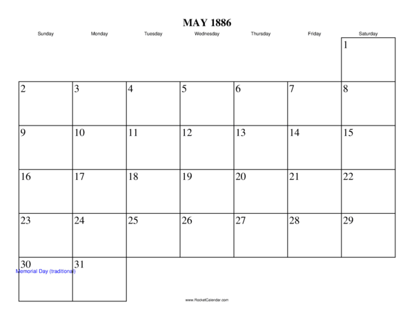 May 1886 Calendar