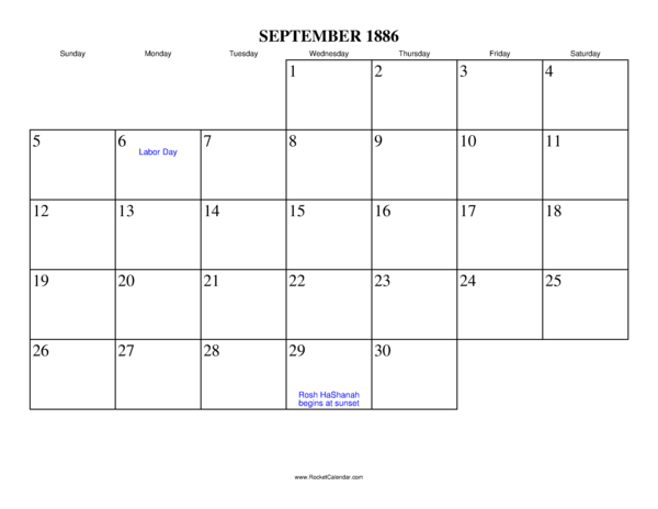 September 1886 Calendar