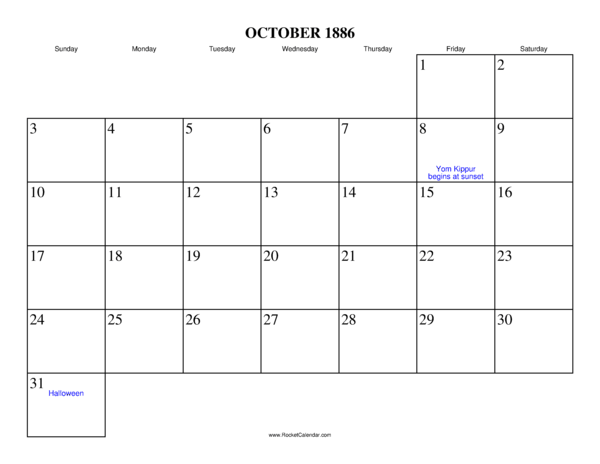 October 1886 Calendar