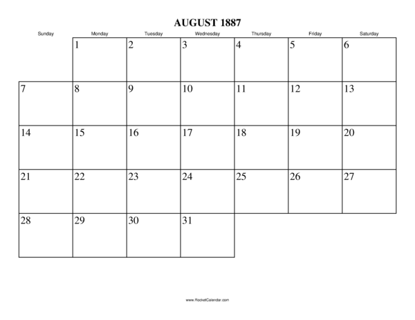 August 1887 Calendar