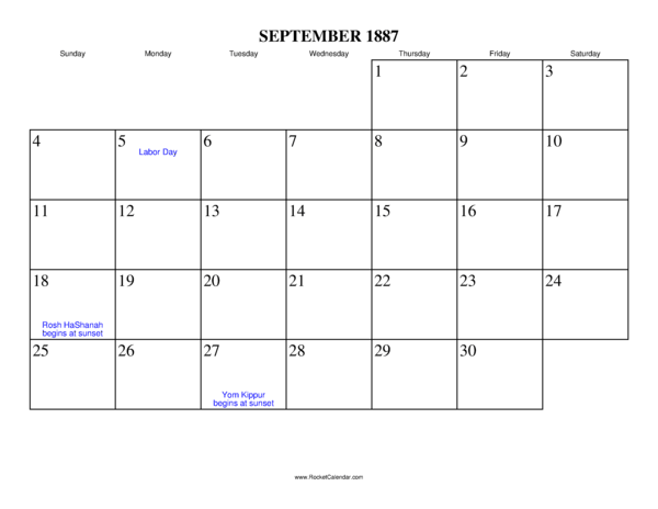 September 1887 Calendar