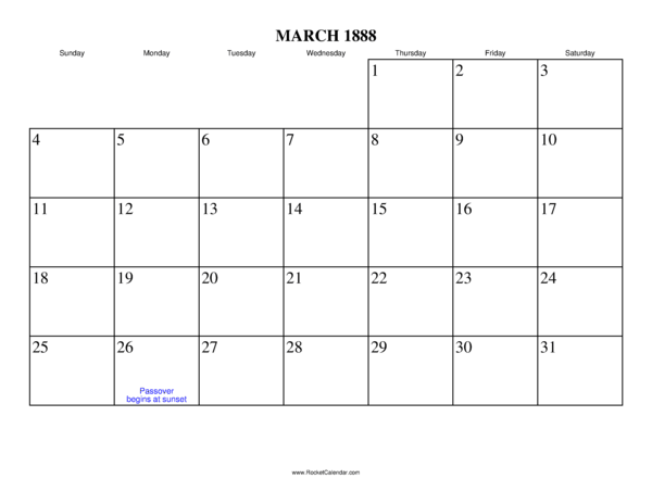 March 1888 Calendar