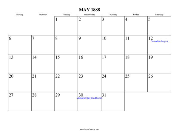 May 1888 Calendar