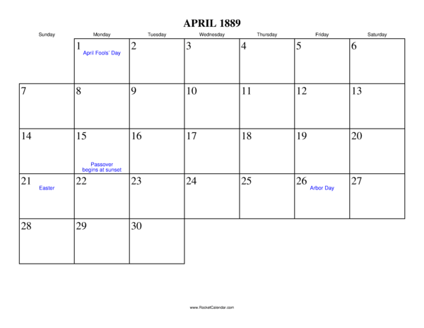 April 1889 Calendar