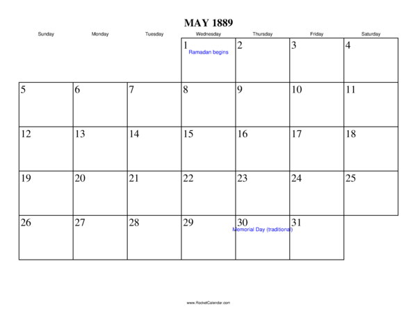 May 1889 Calendar