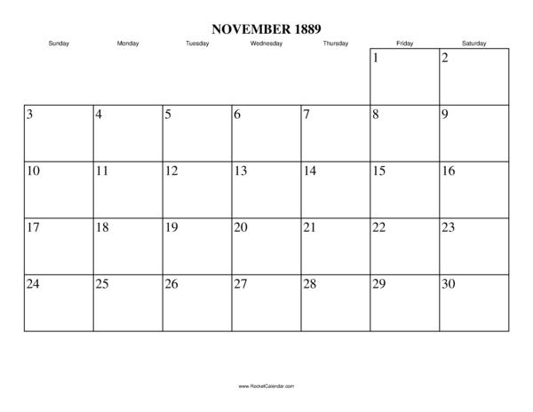 November 1889 Calendar
