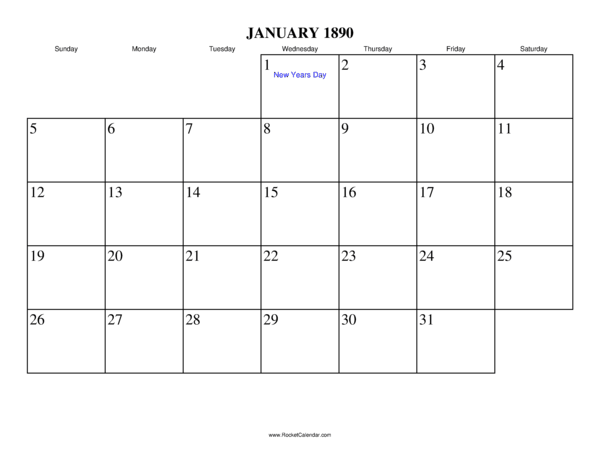 January 1890 Calendar
