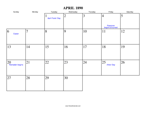 April 1890 Calendar