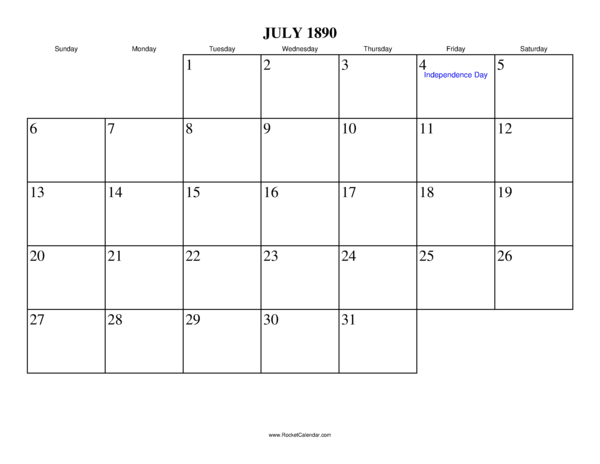 July 1890 Calendar