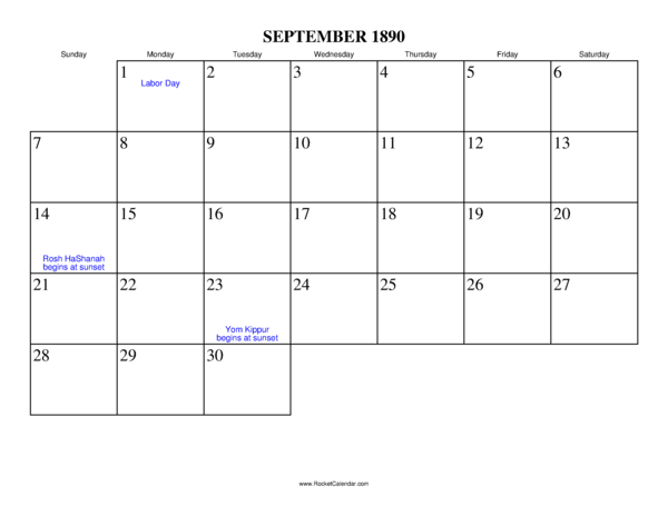 September 1890 Calendar