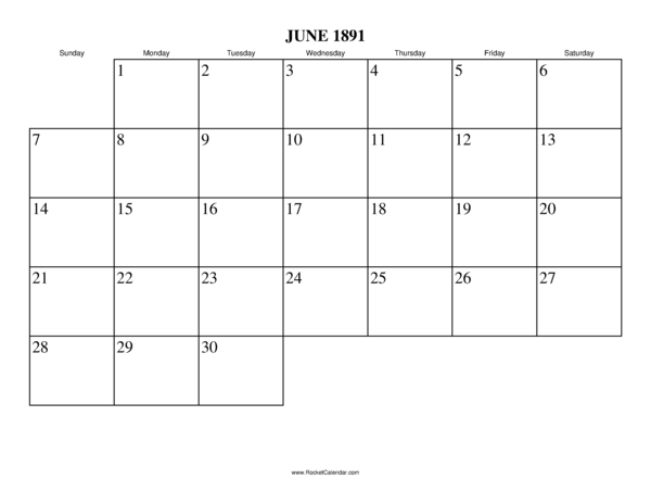 June 1891 Calendar