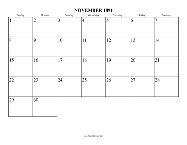 November 1891 Calendar