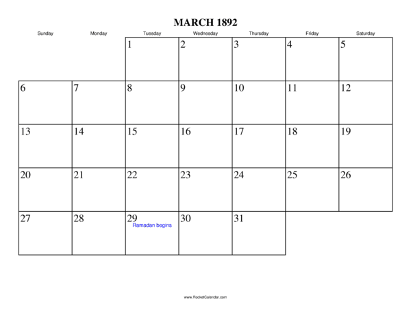 March 1892 Calendar