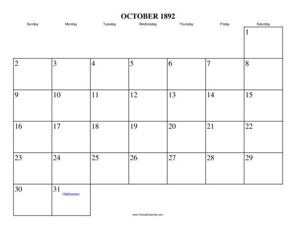 October 1892 Calendar
